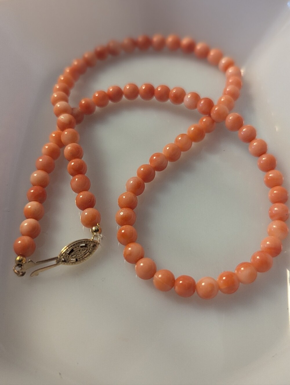 Angel Skin Coral Bead Necklace - 14K Gold 16" Natural Pink Salmon